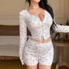 Pijama Sexy Europeu e Americano Transfronteiriço Lace Apertado Floral Cardigan de manga comprida Shorts Off-cintura Roupas Femininas Terno