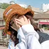Sombrero de Pescador a Cuadros de Lana de Cordero Estilo Japonés para Mujer, Engrosado para Otoño e Invierno, Sombrero de Cubo Cálido y Moderno con Letras, Hace que la Cara Parezca Más Pequeña
