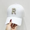 Gorra de béisbol con letras R de estilo coreano, informal, combinable con todo, con visera de diamantes de imitación, para mujer, para exteriores