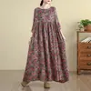 Em Estoque Foto Real Manga Longa Plus Size Vestível 150kg Vintage Versátil Estampa Digital Rejuvenescedor Longo Vestido de Algodão e Linho