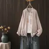 Cardigan de Algodão com Gola Alta Floral Pequeno, Camisa de Manga Longa para Mulheres 2025 Outono Casual Slim Jaqueta Top