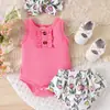 Amazon Transfronterizo Verano Nuevo Mono de una Pieza Rojo Rosado para Bebé y Niño Pequeño con Pantalones Cortos Estampados, Conjunto de Ropa Infantil Estilo Dulce y Lindo