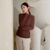 Camiseta feminina Du Xiaozhai de gola semi-alta e manga longa, camisa base versátil básica para outono e inverno, top interno de cor sólida estilo casual