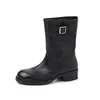 Botas Martin de couro integral outono/inverno 2026, salto médio robusto, fivela de cinto, bico redondo, botins curtos de couro genuíno para mulheres, tamanho 42 tamanho grande