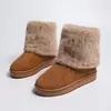 Botas de neve transfronteiriças com forro de pelúcia para mulheres, apresentando sola grossa, cano curto, forro de fleece para aquecimento e acabamento em pele sintética; botas de algodão de inverno para mulheres no atacado