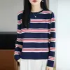 Suéter de Punto de Algodón Puro con Cuello Redondo de Manga Larga para Mujer, Bloque de Color Rayado, Holgado, Camisa Base Superior, Nuevo Otoño/Invierno 2026
