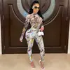 C5505 Aliexpress Amazon Wish Moda Cuello Redondo Pintado Cremallera Manga Larga Pantalones Largos Malla Transparente Conjunto de Dos Piezas