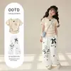 Conjunto Estiloso para Meninas com Laço e Renda, Calça de Verão Fashion com Pernas Largas, Doce Conjunto de Duas Peças de Manga Curta para Crianças Maiores