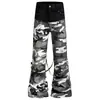 Calça flare camuflada patchwork da moda estilo americano para homens e mulheres, novo estilo de rua outonal, slim fit, versátil, calça casual empilhada