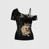Camiseta de Mujer Estampado Retro Japonés Estilo Y2K Hombros Descubiertos Correa Diagonal Cuello Ajustada al Cuerpo Sexy Nuevo Estilo Transfronterizo 2026