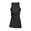 Chaleco informal de punto de longitud media con abertura lateral y plisados para mujer, top versátil de verano sin mangas elástico con cuello redondo irregular