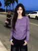 Camiseta de Manga Larga con Cuello Redondo, Tie-Dye Morado Desgastado, Hombro Normal, Corte Ajustado, Fruncida, Estilo Trendy, Individualista, Dulce y Picante, para Mujer, Otoño
