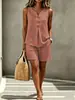 Conjunto de duas peças de primavera e verão para mulheres, com gola V, botões, sem mangas, regata e shorts, para vendas transfronteiriças na Amazon Europeia e Americana