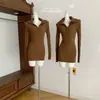 Vestido de manga comprida, malha de lã outono/inverno, moderno, justo ao corpo, saia curta, marrom-verde, tamanho único, outras cores lisas, direto da fábrica