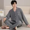 Pijamas de Algodón Puro de Venta Caliente para Hombre Primavera y Otoño Conjunto de Moda Casual Simple Holgado Talla Grande Solapa Manga Larga Ropa de Casa