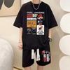 Conjunto de camiseta de media manga con estampado holgado e informal para hombre, talla grande, de verano, con pantalones cortos deportivos de hip hop de manga corta.