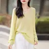 Suéter de Punto de Manga Larga con Cuello en V para Mujer, Suéter Delgado Casual en Amarillo, Corte Holgado, Efecto Adelgazante, Adecuado para Usar como Prenda Exterior o para Vestir en Capas