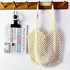 Bolsa de Palha Trançada Chique Casual Grande Capacidade Fio de Algodão Vazada Estilo Preguiçoso Ombro Único Bolsa de Praia Férias Bolsa Feminina