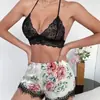 Conjunto Feminino de Casa Três Peças Mais Vendido na Europa e América com Renda Estampada, Camisola, Shorts e Robe, Adequado para Usar por Cima e Roupa de Dormir