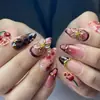 Unhas Postiças Removíveis Wearable Amêndoa Estampa de Leopardo Ponta Francesa Flor de Cerejeira 3D com Tachas de Aço Dourado