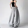 Calça de moletom cinza estilo esportivo casual para mulheres, nova coleção primavera 2026, cintura alta, modelagem solta, afina a silhueta, perna reta, calça atlética de perna larga