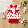 Conjunto de Verano para Niña Lindo Estampado de Hongos Top con Cuello de Muñeca y Mangas Volantes con Pantalones Cortos Florales Juego de Dos Piezas en Stock Ropa Infantil