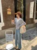 Cárdigan de Punto Bloque de Color Rayas Cuello en V Falso Dos Piezas para Mujer, Estilo Coreano Otoño, Top de Diseño Corto para Figuras Pequeñas