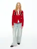 Cárdigan de punto vintage rojo con cuello redondo y patrón de rombos para mujer, estilo francés de otoño e invierno, tacto de alta gama, suéter exterior jacquard color-blocking
