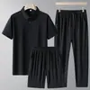 Conjunto de Verano Nuevo Estilo para Hombres de Mediana Edad y Mayores: Camisa Polo de Seda de Hielo, Conjunto de Tres Piezas de Manga Corta, Pantalones Largos de Seda de Hielo + Shorts de Seda de Hielo para Papá