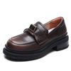 2024 Nuevo estilo retro francés elegante zapatos de una sola capa para mujer punta redonda tacón grueso zapatos de cuero marrón todo combina mocasines slip-on