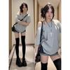Playera de Algodón Puro de Manga Corta para Mujer con Textura de Hombro Descubierto, Playera de Media Manga Estampada de Hombro Descubierto, Estilo de Pareja de Hombro Inclinado para Mujer