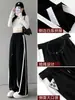 Pantalones Deportivos Rayados de Seda Negra Hielo para Mujer, Nuevo Estilo Engrosado Otoño 2026, Casual Rectos de Pierna Ancha Talla Petite Plus