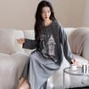 Camisón de Otoño de Manga Larga Ropa para el Hogar Se Puede Usar Afuera Pijama de Algodón Puro con Dibujos Animados para Mujer Falda Midi Casual Simple de Una Pieza para Mujer