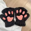 Guantes de Invierno Lindos de Dibujos Animados de Pata de Gato sin Dedos para Niñas, Guantes Cálidos de Felpa, Guantes Gruesos de Pata de Oso Peluda de Medio Dedo