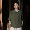 Camisa de manga corta de verano, top de algodón y lino con botones para mujer, estilo chino vintage, corte holgado, cuello diagonal, atuendo Zen para té, camiseta de madre
