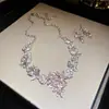 Aretes Colgantes y Collar de Flor de Circonita Brillante Estilo Corte Europeo y Americano, Cadena Ligera de Lujo Nicho para Clavícula, Joyería Exquisita Transfronteriza