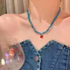 Collar Colgante de Perlas con Corazón Rojo Retro Azul para Mujer, Diseño Único, Cadena Elegante para Clavícula, Accesorio Versátil