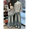 Moletom Falso de Duas Peças com Decote V Masculino Outono Azul Klein Gola Camisa Patchwork Textura Solta Top Jovem Cruzado