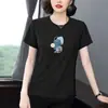 Camiseta de Manga Corta para Mujer de Mediana Edad 2026 Nuevo Verano Holgada Cuello Redondo Estampada Hombro Normal Casual Manga Media Talla Grande