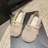 Zapatos de temporada otoño-invierno a la moda, tipo mocasín, con lazo y perlas, forro de felpa, esponjosos, estilo coreano, zapatos de algodón para mujer, cálidos y antideslizantes