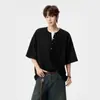 Camiseta de Manga Corta con Botones Estilo Americano Falso Dos Piezas para Hombres y Mujeres, Verano Moderna Nueva Suelta Versátil Camiseta de Manga Media Tejido de Gofre