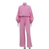 Moda Feminina Transfronteiriça Conjunto de Algodão e Linho Estilo Novo de Primavera Top de Gola Alta Manga Longa Calças de Cintura Elástica Conjunto Casual de Duas Peças