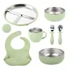 Juego de Vajilla de Acero Inoxidable 304 para Bebés, Plato Dividido con Ventosa, Babero de Silicona, Anticaídas, Juego Completo para Aprender a Comer