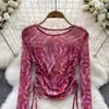 Camiseta de Manga Larga de Malla Fina con Estampado Tie-Dye, Cuello Redondo, Estilo Coreano, Nueva, Protección Solar, Top Corto con Cordón, Estilo Occidental