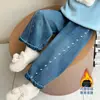 Pantalones Vaqueros Gruesos Bordados para Niñas, Pantalones Sueltos Casuales para Bebés con Forro de Felpa, Pantalones Versátiles de Invierno para Bebés Niñas