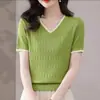 Camiseta de Manga Curta com Decote em V para Mulheres, Roupa de Verão, Nova Moda Estilosa 2026, Camisa de Tricô de Seda de Gelo