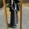 Saia de Lã Cinza Escuro para Mulheres, Outono e Inverno, Cintura Alta, Modelo Evasê Guarda-Chuva, Comprimento Médio, Emagrecedora, Saia Botão de Flor