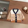 Cárdigan de punto a rayas de contraste para niño, primavera y otoño, estilo coreano, suéter retro para bebé, ropa de otoño, ropa para bebé
