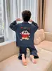 Pijama de Poliéster y Algodón para Niños, Conjunto de Manga Larga y Pantalón Largo para Primavera y Otoño, Adecuado para Niños Mayores, Ropa de Casa tipo Cárdigan Infantil que se Puede Usar Afuera