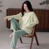 Artículo popular para transmisiones en vivo: Pijama de algodón puro para mujer para otoño e invierno, de manga larga, cuello redondo, sin botones, diseño lindo de dibujos animados, se puede usar afuera, conjunto para estar en casa